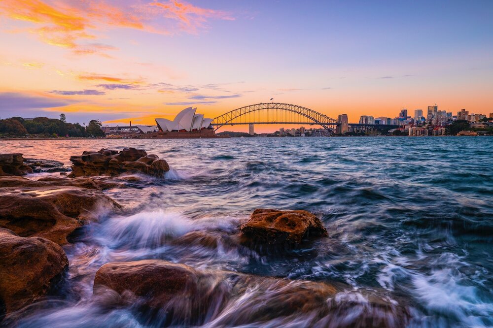 Sydney Harbour Destination, Ocean Waves Hitting Rocks With Sunset View