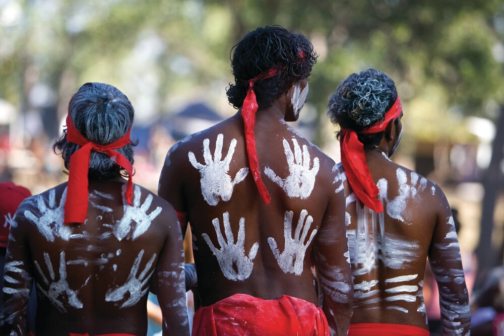 Back View of Three Men With White Handprints On Their Bare Backs, Laura Aboriginal Dance Festival At Birdsville, Credit QLD Cathy Finch.